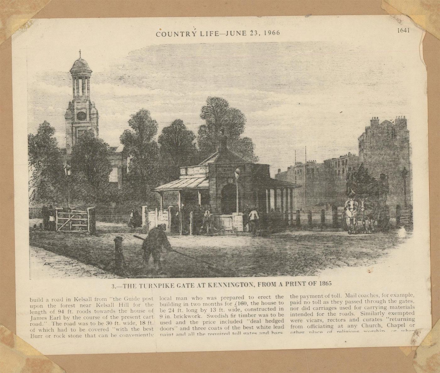 Ein gut ausgeführtes Aquarell von W. Hinchcliff, das den Turnpike in Kennington zeigt und in der linken unteren Ecke signiert ist. Auf der Rückseite ist, wie abgebildet, ein Artikelausschnitt mit dem Abdruck eines frühen Fotos von  der Kennington