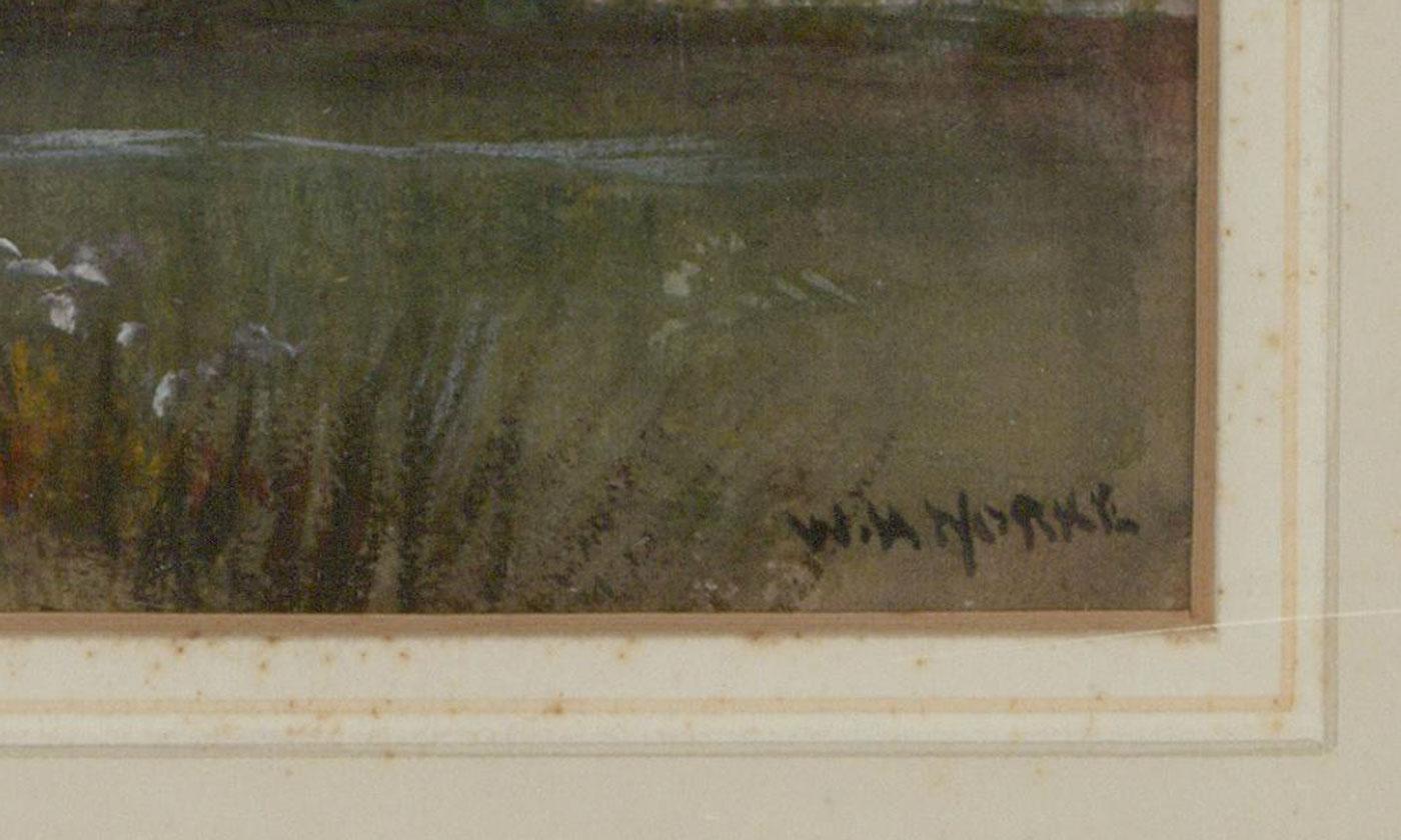 Une délicate et charmante aquarelle du début du 20e siècle avec des rehauts de gouache et de gomme arabique par l'artiste William Howard Yorke IOM (1847-1921). L'étude représente une charmante scène de paysage au lever du soleil, y compris une