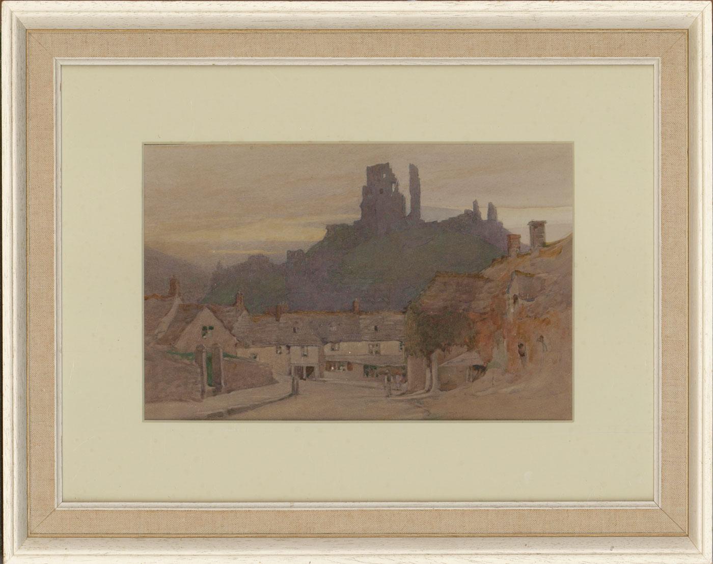 Landscape Art Unknown - Aquarelle encadrée du début du 20e siècle - Vue du château de Corfe