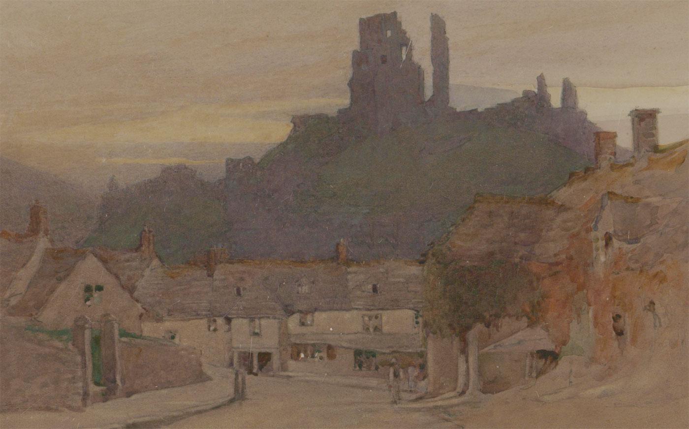 Framed Early 20th Century Watercolour - A View of Corfe Castle - Art by Unknown