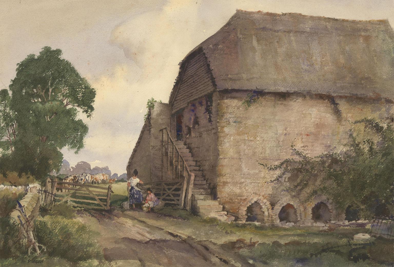 A fine mid to late 20th century watercolour by English artist Eric Richard Sturgeon. This wonderful composition depicts two female figures with vuckets of milk next to a stone farmhouse. A field of dairy cows is visible in the distance.The light