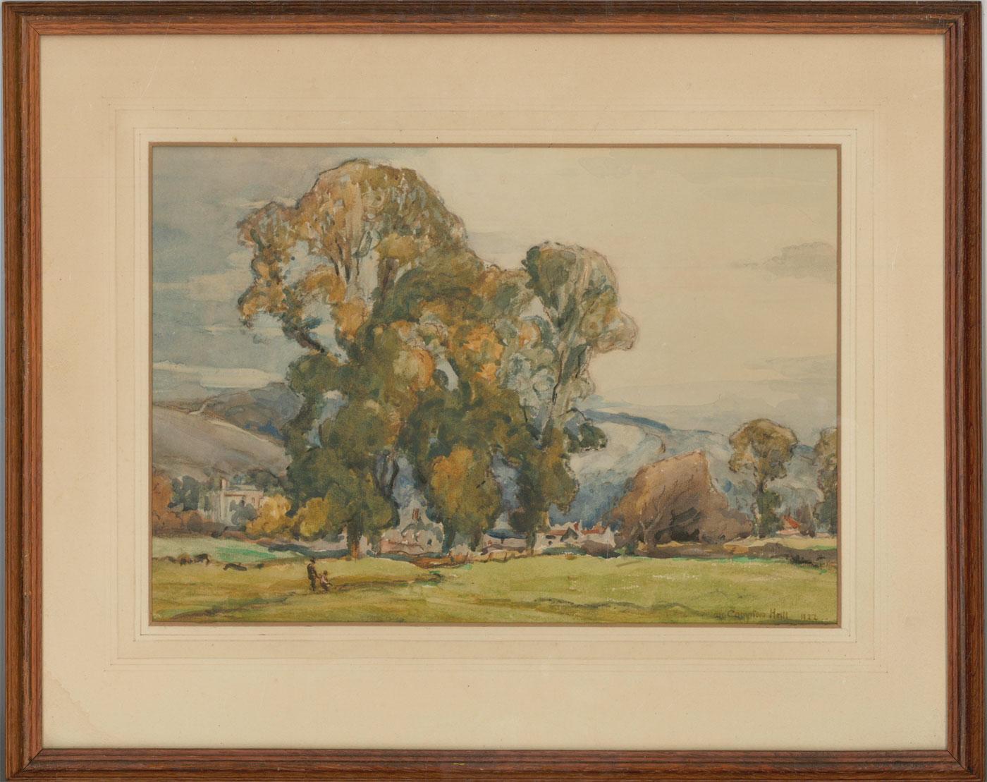 A fine original early 20th Century watercolour by the British artist Joseph Compton Hall RBA (1863-1937), showing a parkland view with a large copse of trees. A country house is nestled to the left, with figures decending the fields. The artist has