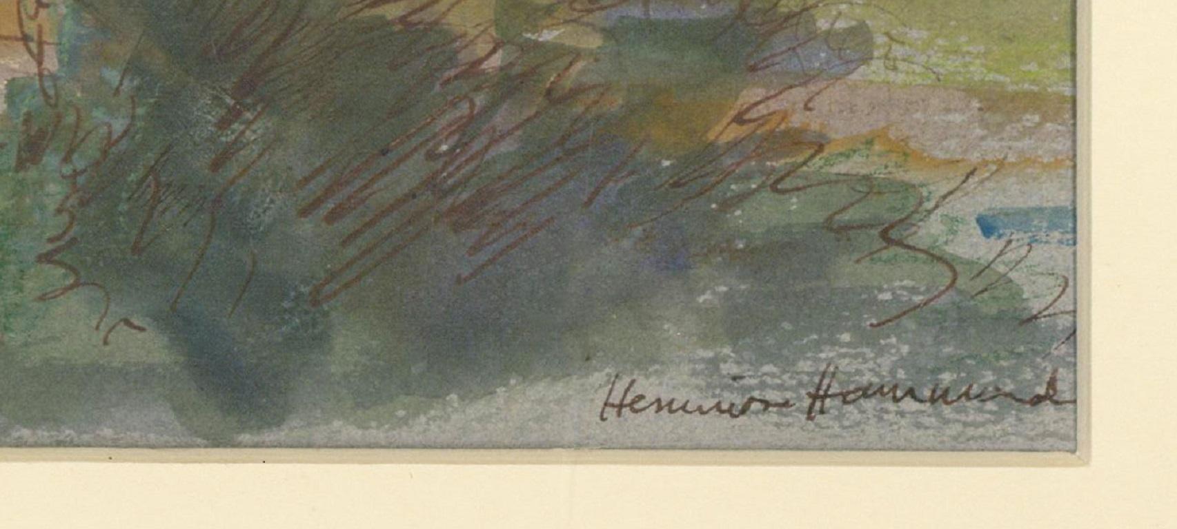 Maravilloso estudio de acuarela continental de la artista británica Hermione Hammond. Representa una gran villa con tejas de terracota en un amplio paisaje. Con detalles a pluma y tinta. Inscrita con la ubicación en la parte inferior izquierda. Bien