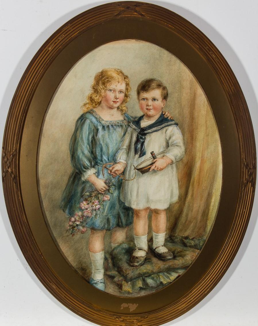 Unknown Portrait - C. Mannuie - Framed 1916 Watercolour, Study of a Young Boy & Girl