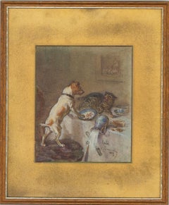 Kate Sowerby (act.1883-1900) - 1889 Watercolour, Dog and Cat Fight over Table