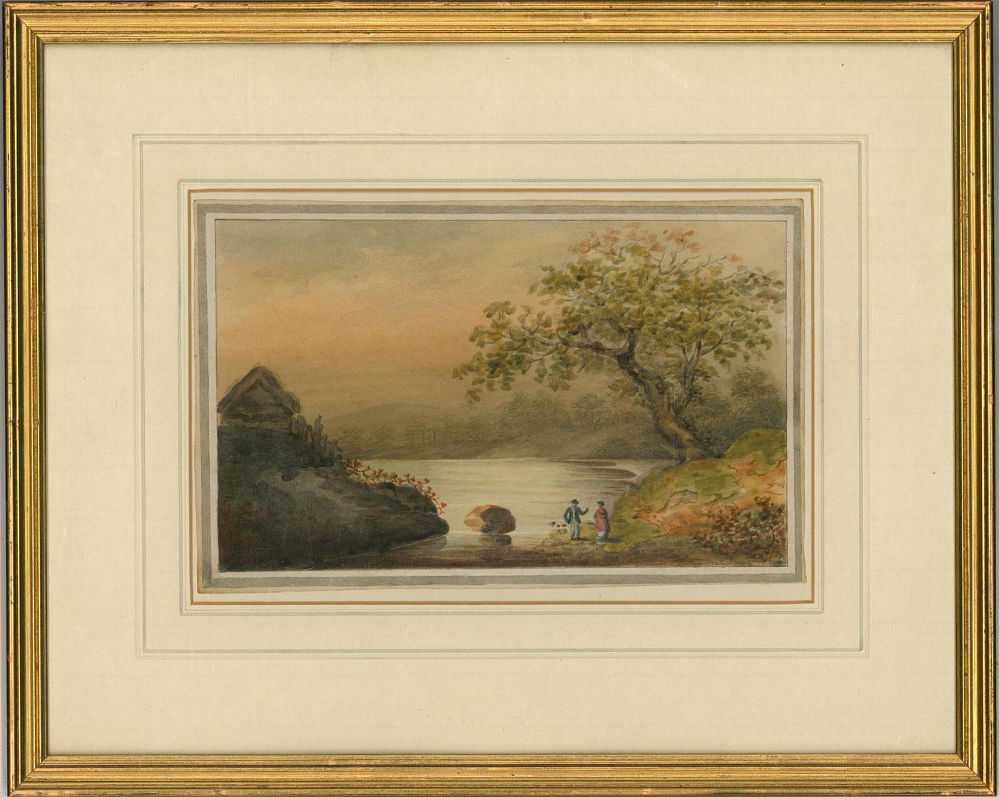 A delightful watercolour by the listed artist Gideon Yates (act.1790-c.1837), depicting two figures in conversation overlooking the sunset by the calm river. The delicate application of colour and considered brushstrokes beautifully brings together