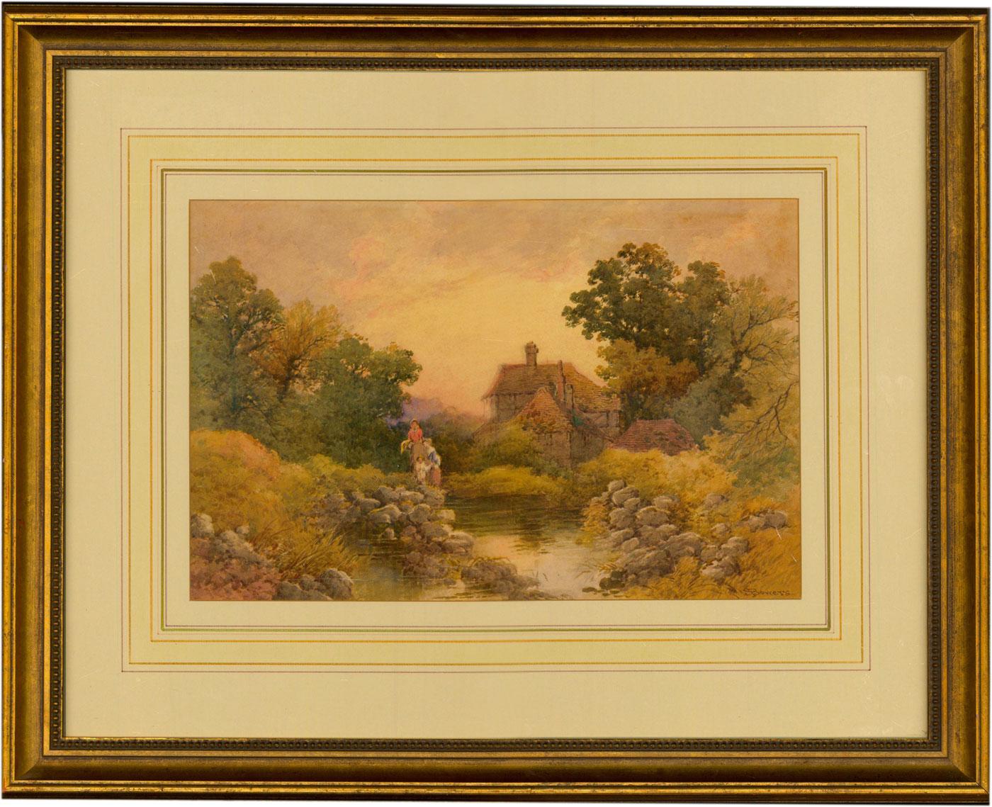 Unknown Landscape Art - Stephen J. Bowers (fl. 1874-1892) - Signed Watercolour, Figures in a Landscape