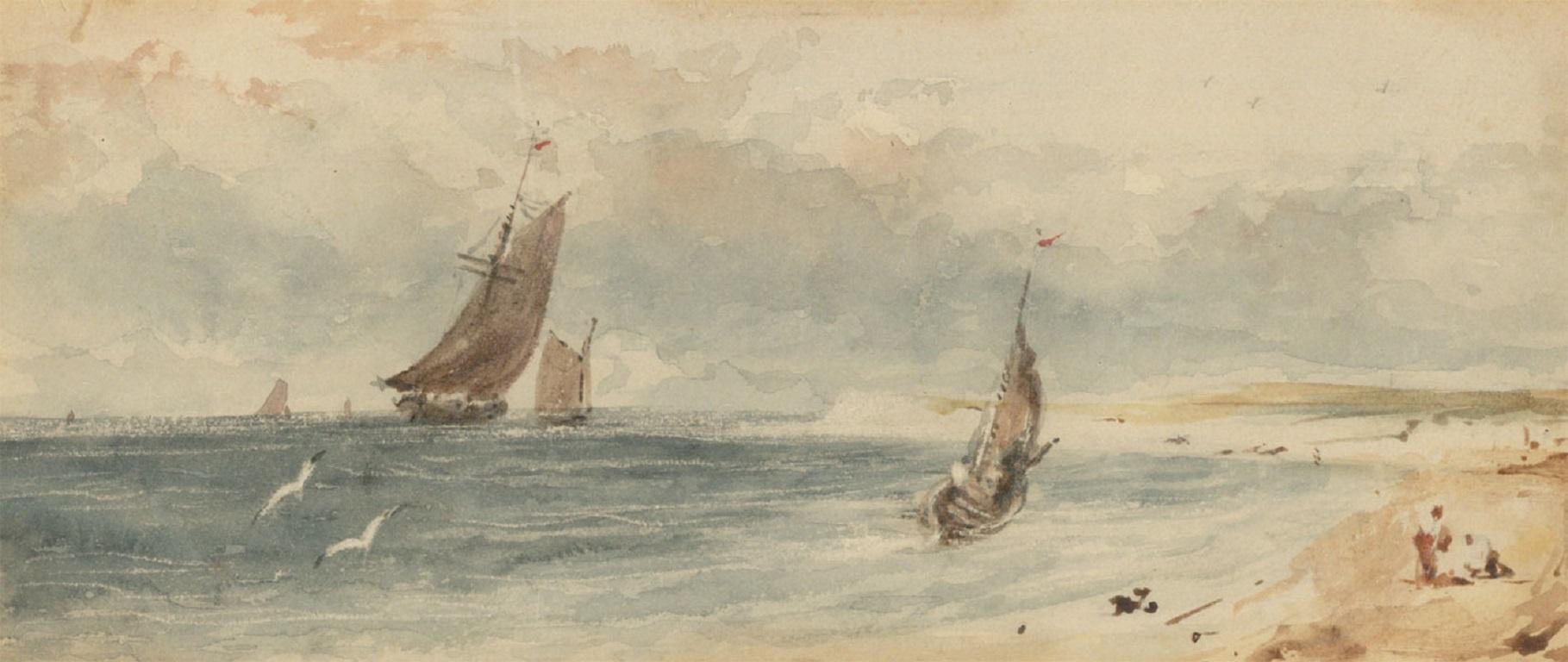 An impressive pair of early 20th Century watercolours with scratched highlights. Both artworks are similar in size and depict nautical beach scenes. Well presented in card mounts and stylish gilt effect frames. Unsigned. On wove.
