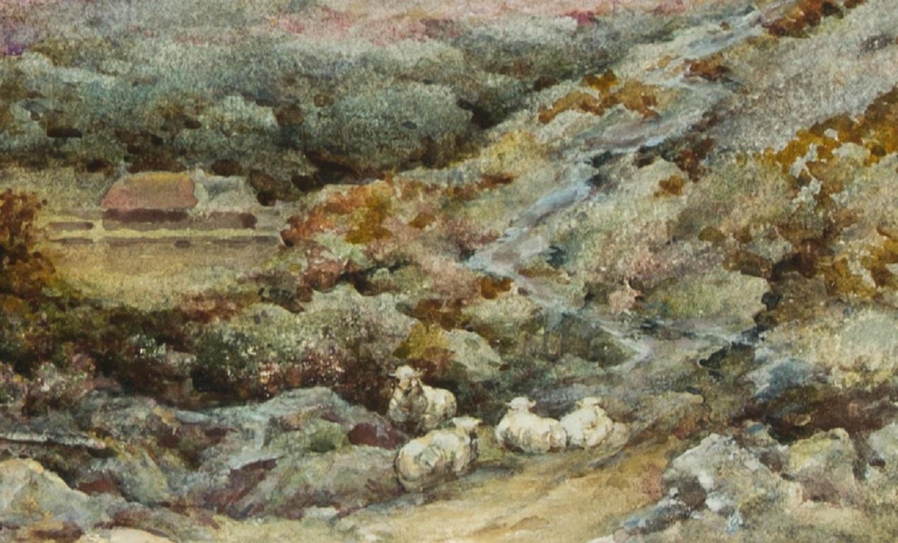 An impressive English School watercolour depicting a coastal landscape with sheep grazing in the lower right and ship sailing beyond. There is an indistinct signature in the lower right which could read 'Shepherd'. Presented in a washline mount and