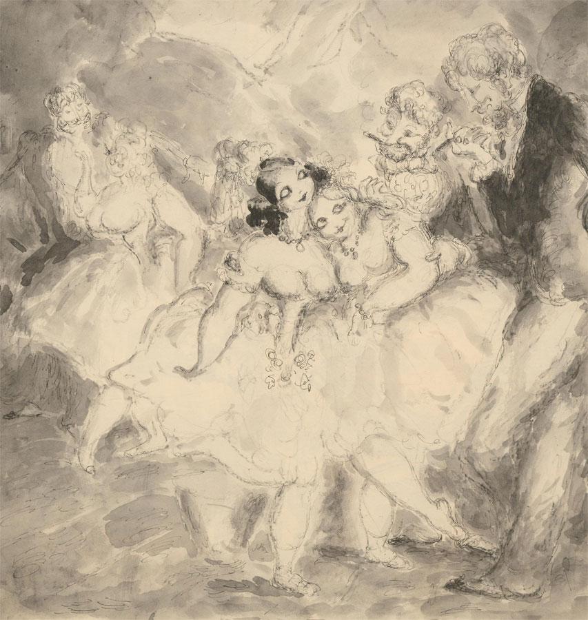 An amusing pen and ink study with watercolour wash showing a pair of ballet dancers who seem to be sharing a flirtatious exchange with two leering gentlemen. Hope Read's work successfully distils a storyline into a single image in his typically