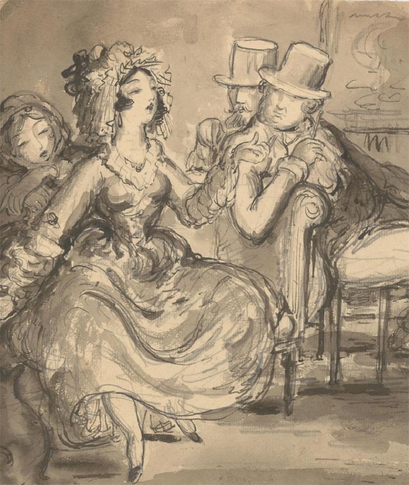 A lively pen and ink drawing with watercolour wash. The study shows a pair of finely dressed men whose attention has been caught by a woman dominating the composition. The artist has used rapid line work to add a dynamic quality to the woman's