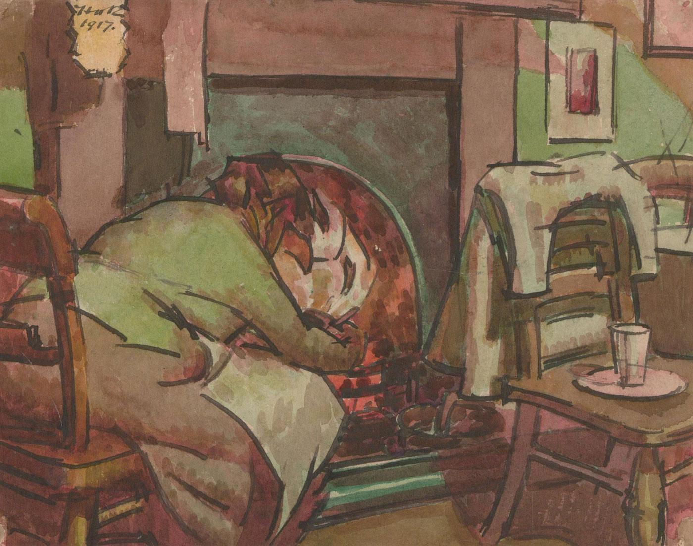 An atmospheric study of the artist's lover Hilda stoking a burning fire. The warm colour palette and vivid contrast between the green and purple tones gives this piece a wonderful intimacy. This artwork is definitely more personal, with a