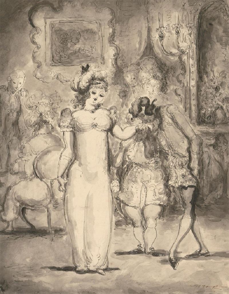A highly detailed and characterful study of high society figures in a grand interior. Laid to backing paper with a hand drawn border. Signed. On wove.
