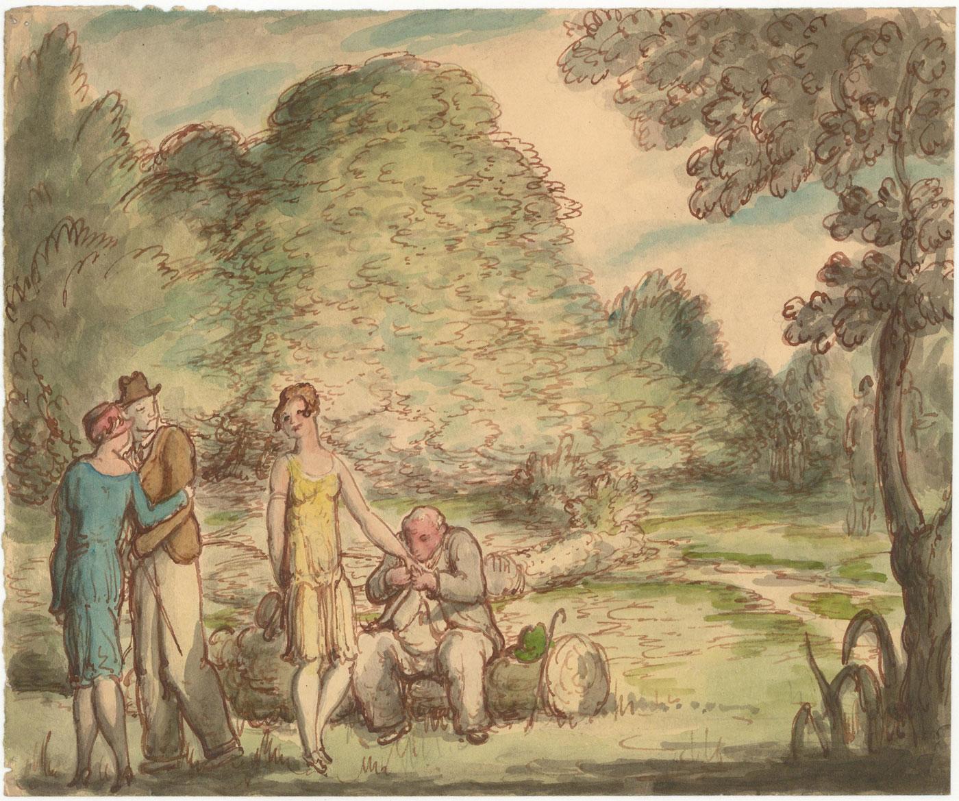 A romantic park study of a courting couple in the park, raising disapproving stairs from passers by. Painted in pen and ink with watercolour.  Unsigned. On wove.
