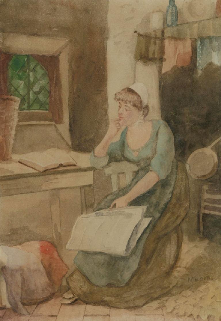 Fanny Mearns (fl.1870-1881) - Aquarelle de la fin du XIXe siècle, The Day's News - Art de Unknown