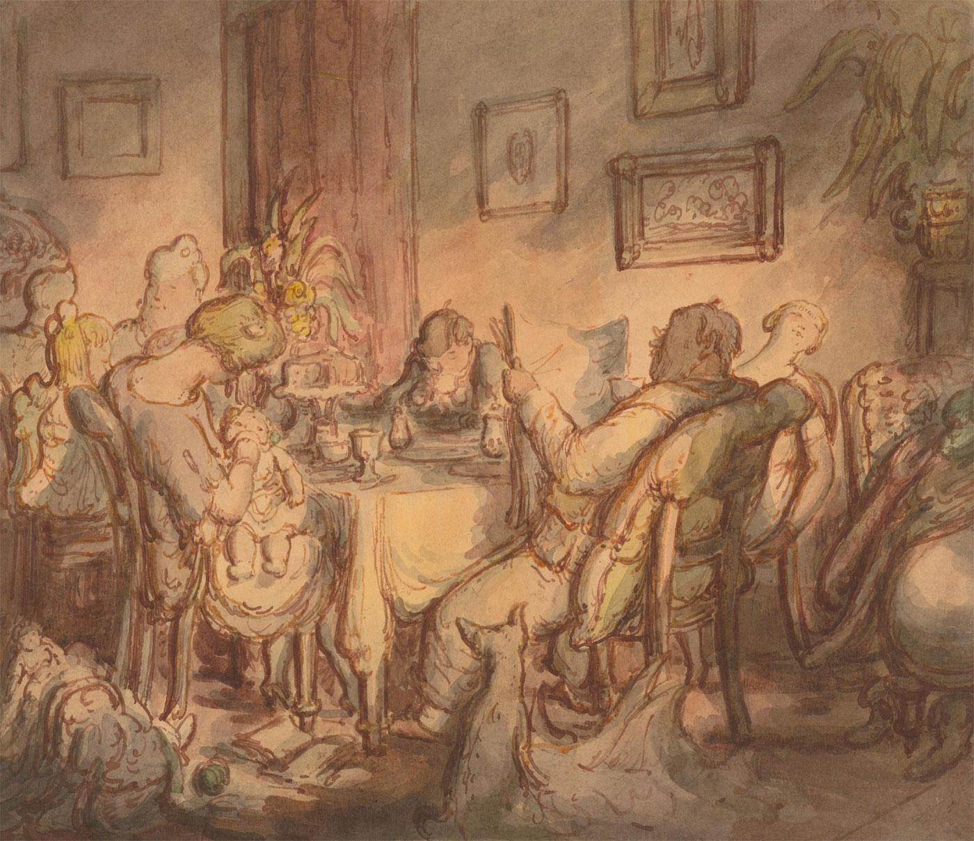 A fine interior view of a family enjoying tea, with the remains of the day's activities scattered around their feet.  Unsigned. On wove.
