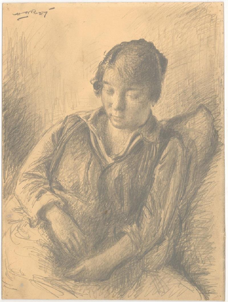 A beautiful portrait of the artist's lover and housekeeper, Hilda. This is a stunningly intimate portrait, with Hilda seated in a softly lit interior, her eyes cast downwards. Laid to backing board.  Unsigned. On wove.
