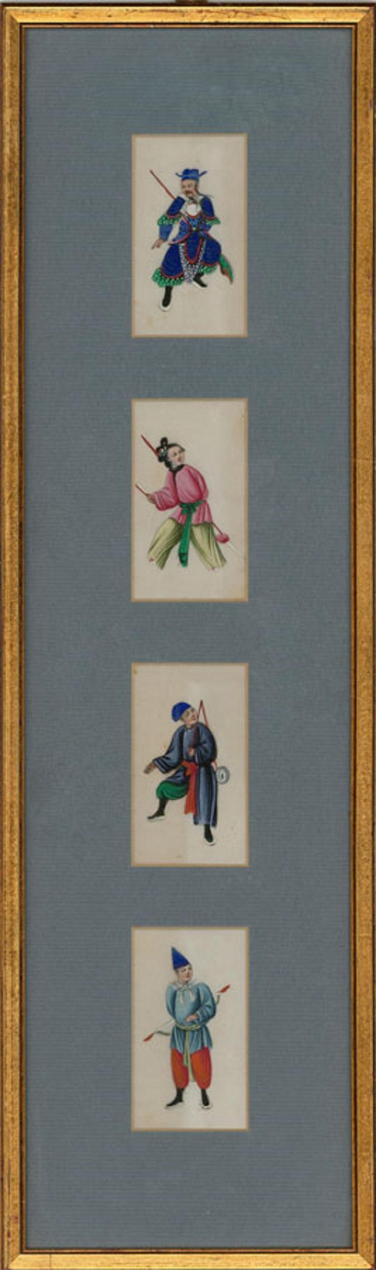 Unknown Figurative Art - Framed 19th Century Gouache - Four Chinese Figure Studies on Pith Paper