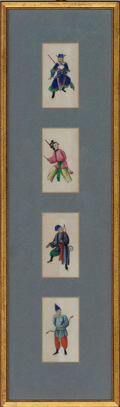 Antique Framed 19th Century Gouache - Four Chinese Figure Studies on Pith Paper