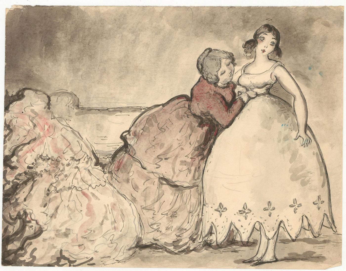 A characterful study of a young society lady being cinched into a dress by her seamstress. Her expression tells us how tightly the corset is being tied. Unsigned. On wove.
