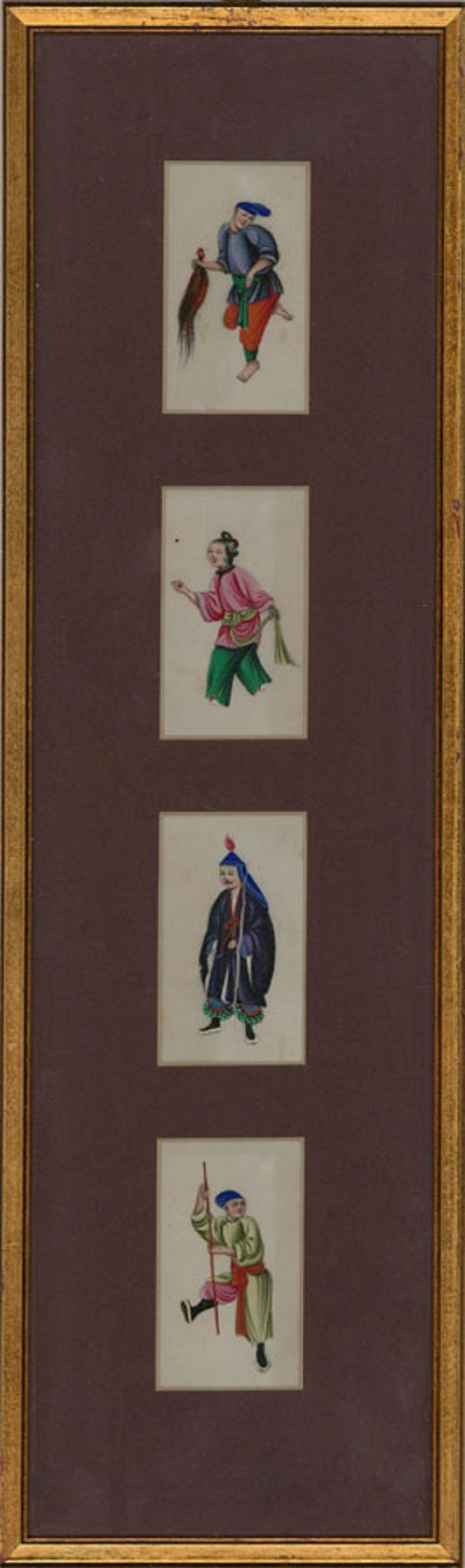 Unknown Figurative Art - Framed 19th Century Gouache - Four Chinese Figure Studies on Pith Paper