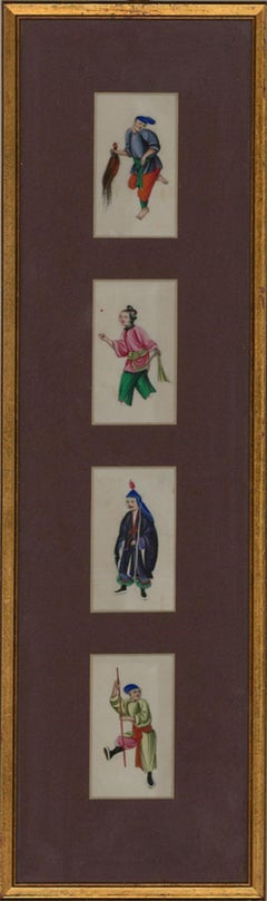 Antique Framed 19th Century Gouache - Four Chinese Figure Studies on Pith Paper