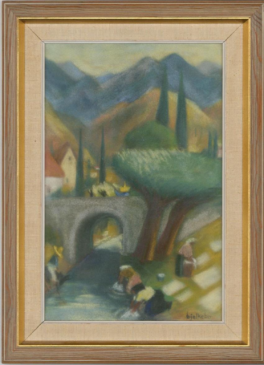 Unknown Landscape Art – GÃ¶sta Bjelkebo (1904-1974) - Signiertes & gerahmtes Pastell des 20. Jahrhunderts, Waschtag
