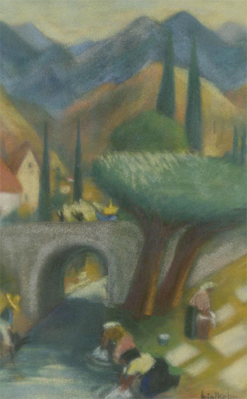 Gösta Bjelkebo (1904-1974) - Pastel du 20e siècle signé et encadré, Journée de lavage - Art de Unknown
