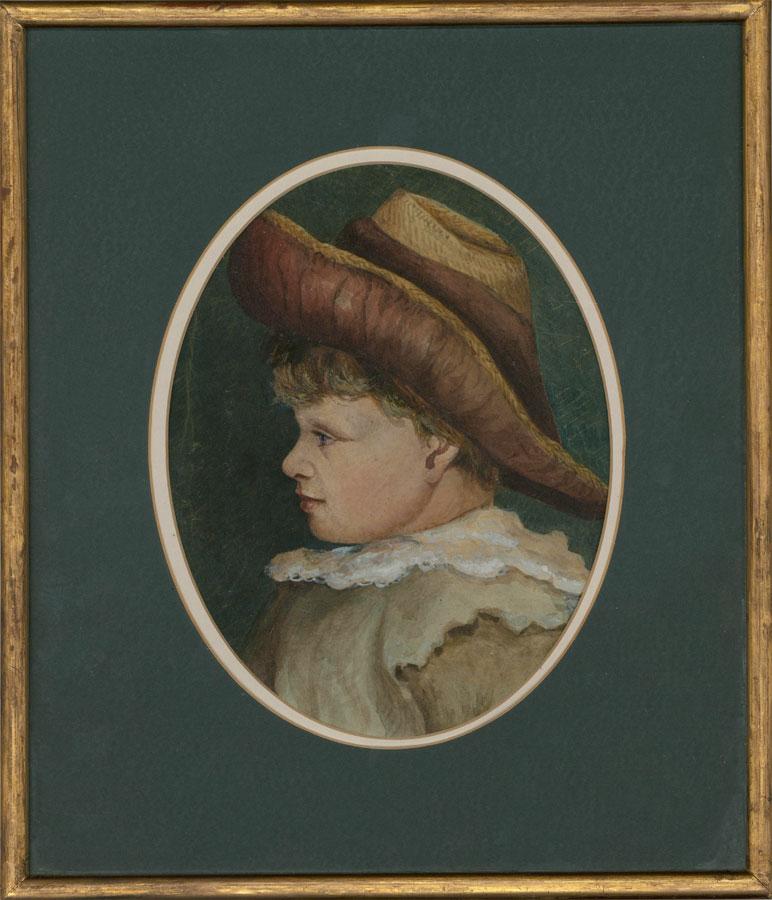 

A fine and detailed watercolour portrait in the realist style, entitled 'Lucy, Early Period' from an inscription to the reverse. The artist has chosen to depict the sitter in profile, wearing a large straw hat with red ribbon, and dressed with a