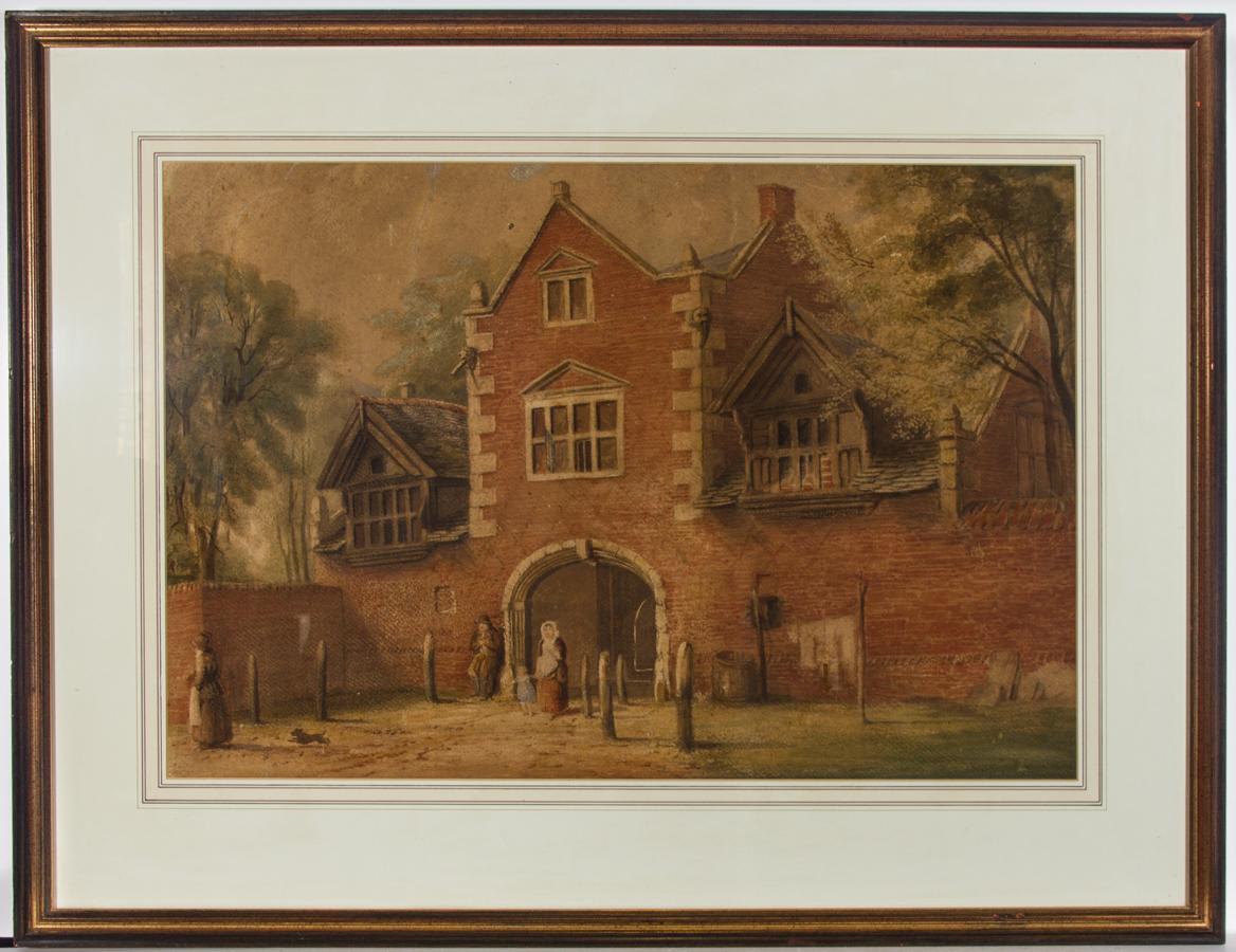 Unknown Abstract Drawing - Framed Mid 19th Century Watercolour - Figures Outside a Coach House