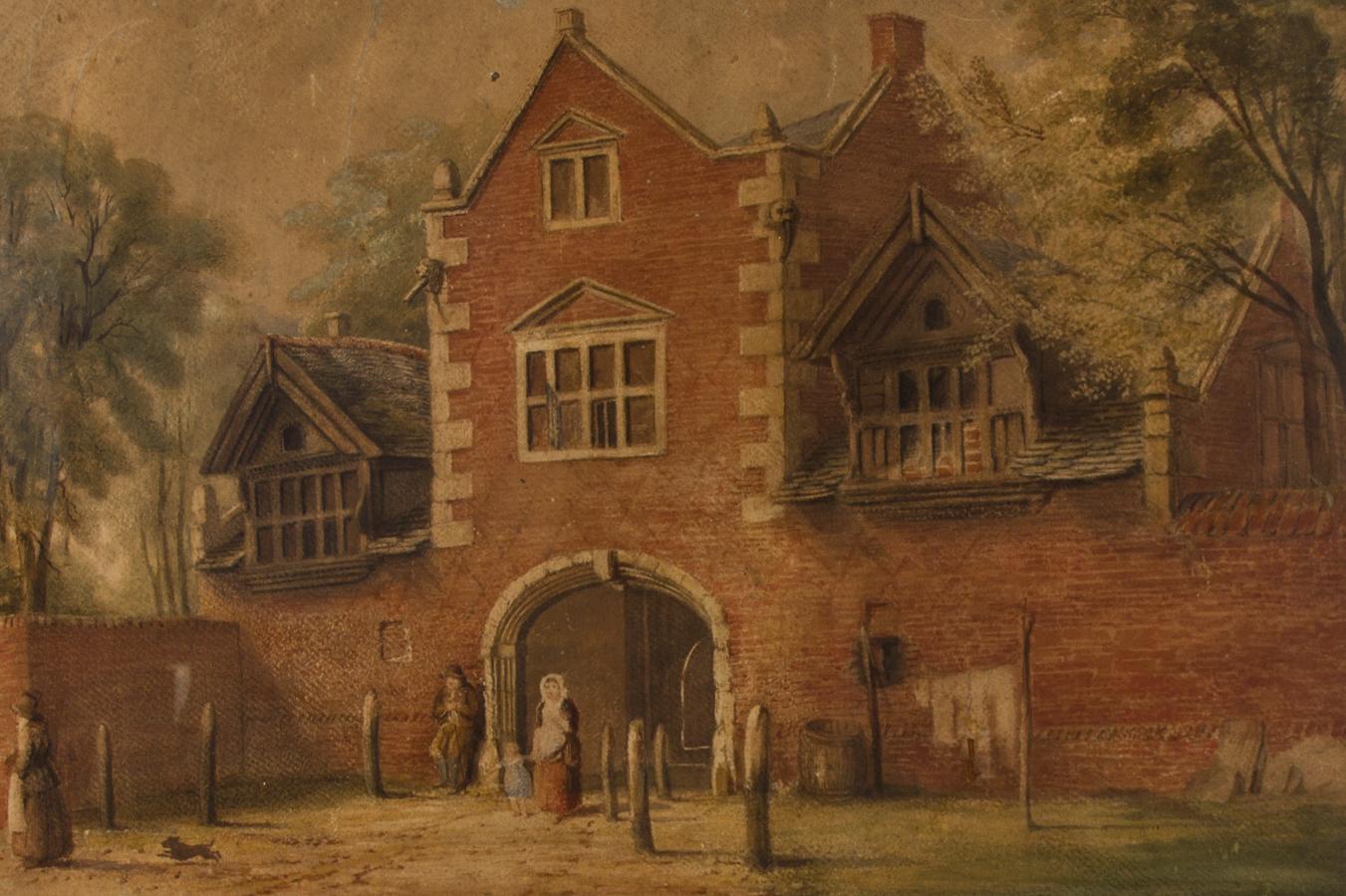 Framed Mid 19th Century Watercolour - Figures Outside a Coach House - Art by Unknown