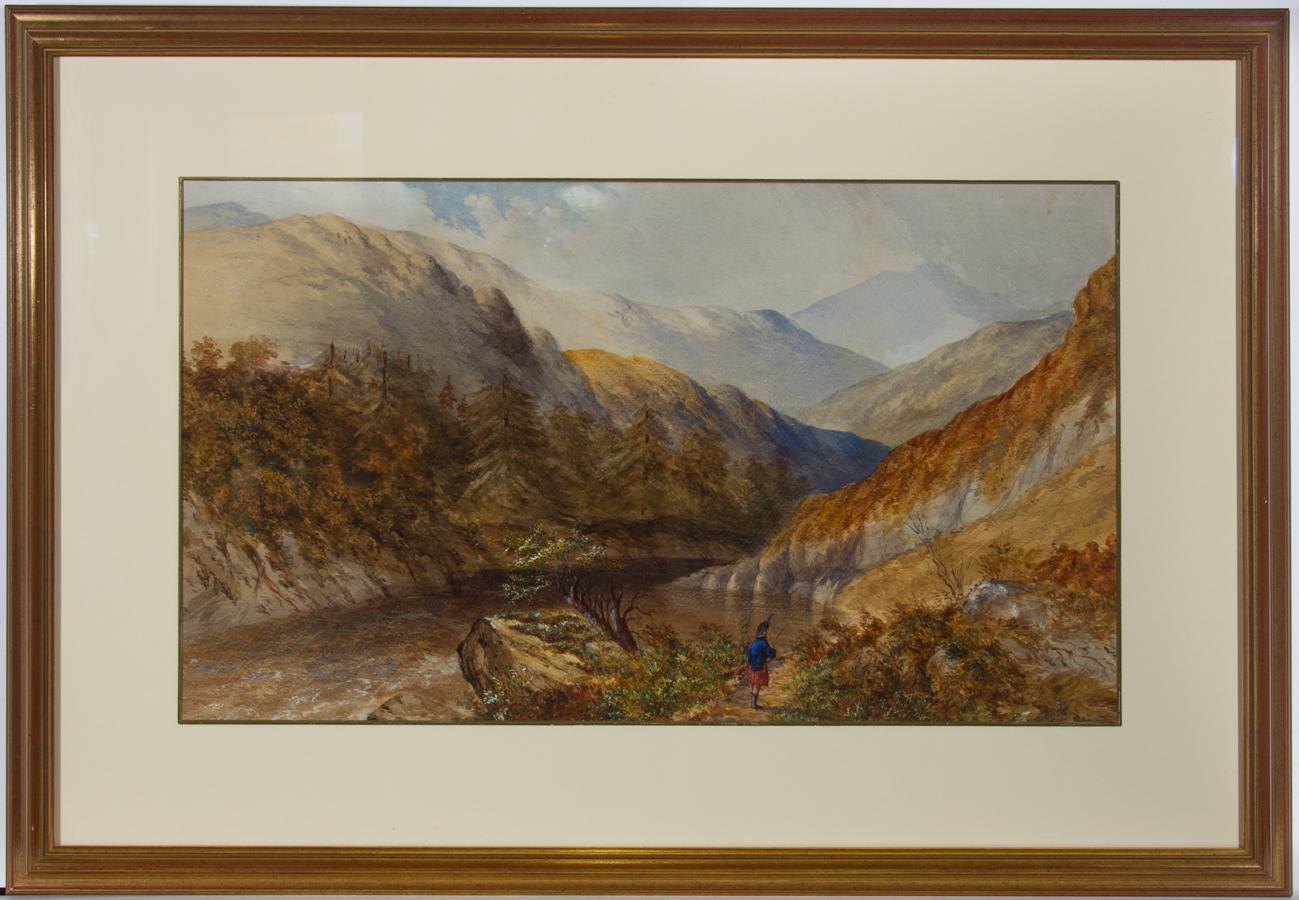 Unknown Landscape Art - Framed 1824 Watercolour - Fisherman in a Scottish Highland Landscape