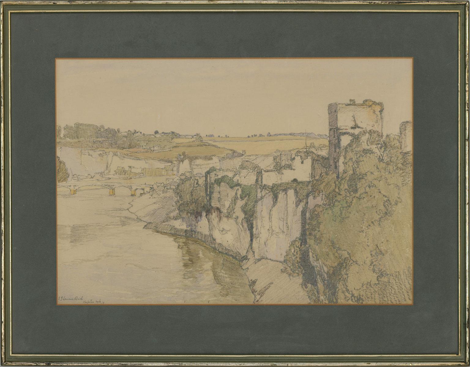 A fine and carefully detailed 1916 watercolour with graphite by the artist Samuel John Lamorna Birch (1869-1955), of Chepstow Castle on the river Wye in Wales. This meticulously detailed content has an angled viewpoint, adding interest to the scene,