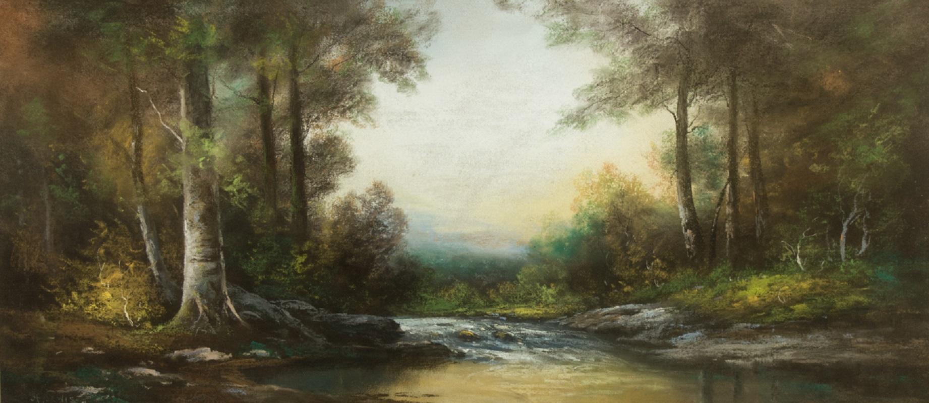 H. Lewis - Signed Contemporary Pastel, River Through a Forest at Dusk - Art by Unknown