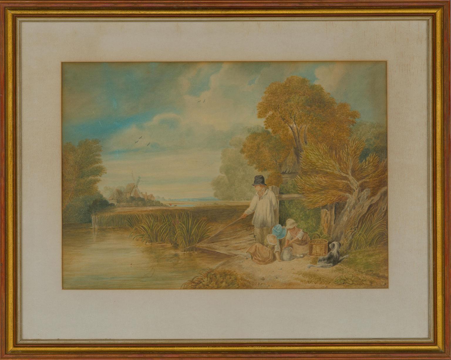 Unknown Landscape Art - Framed 19th Century Watercolour - Tranquil Fishing in the Countryside