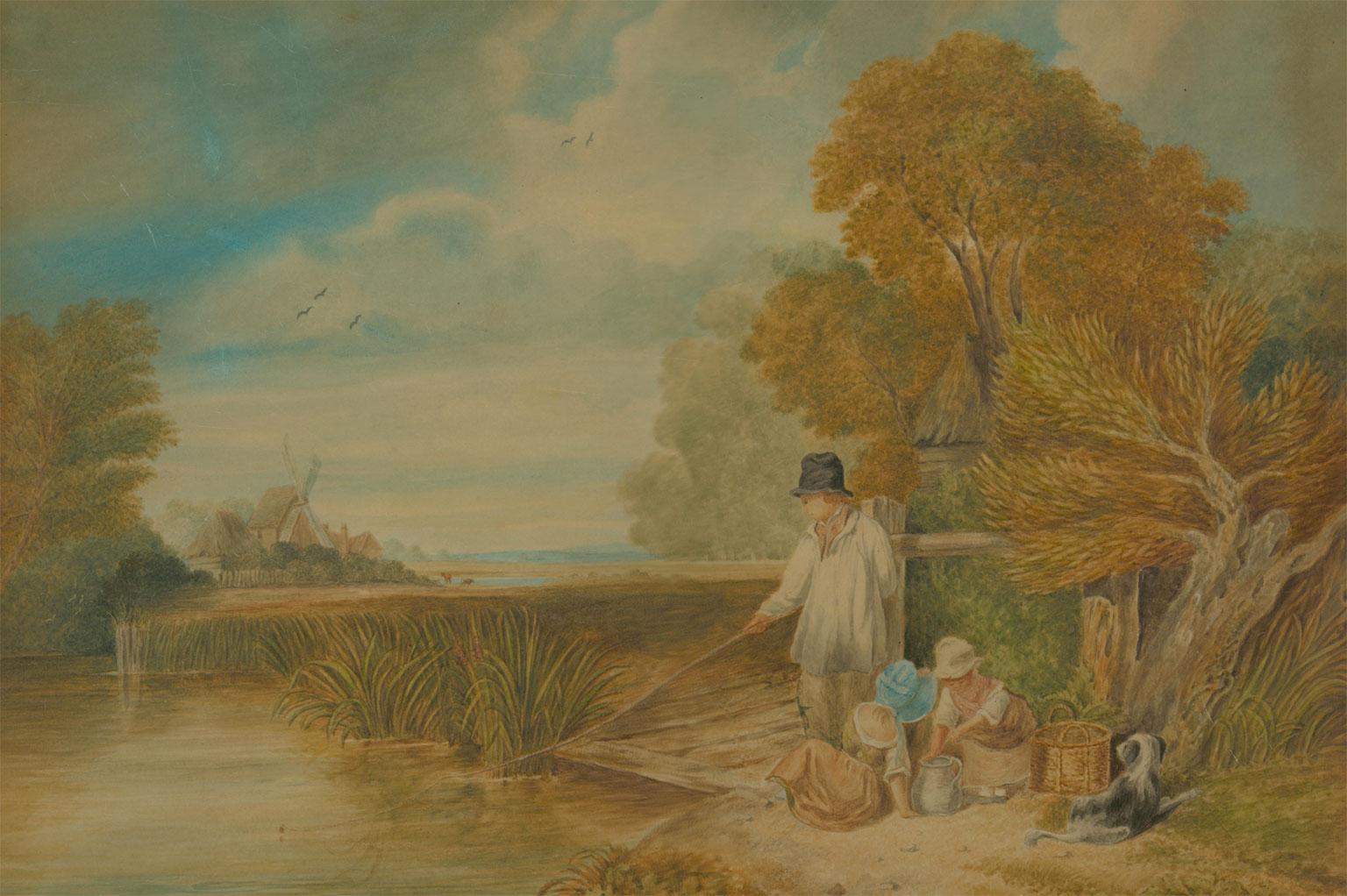 Framed 19th Century Watercolour - Tranquil Fishing in the Countryside - Art by Unknown