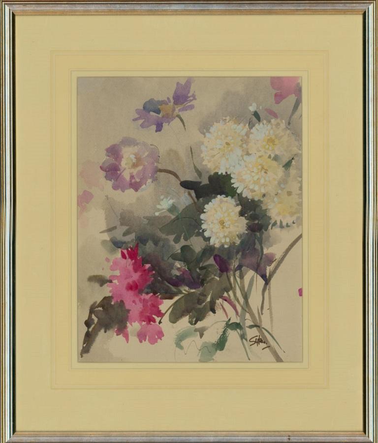 Aubrey Sykes RI PS (1910-1995) - Aquarell-Stillleben des 20. Jahrhunderts mit Blumen
