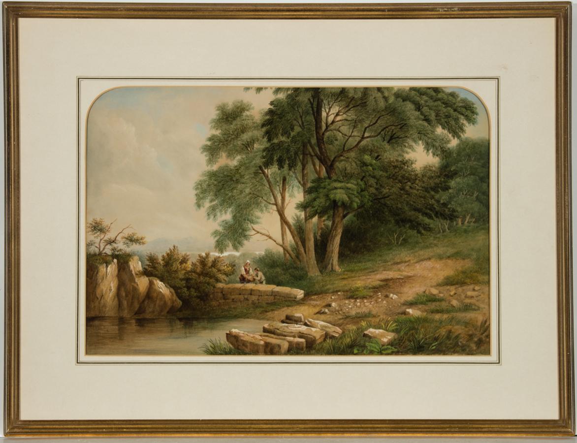 A finely painted watercolour landscape by J.W. Tuton depicting two figures beside a pond. Presented in a washline mount with gilt effect frame. Signed and dated. On wove.
