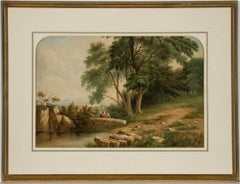 J.W. Tuton - Framed 1856 Watercolour, Landscape with Figures Beside a Pond