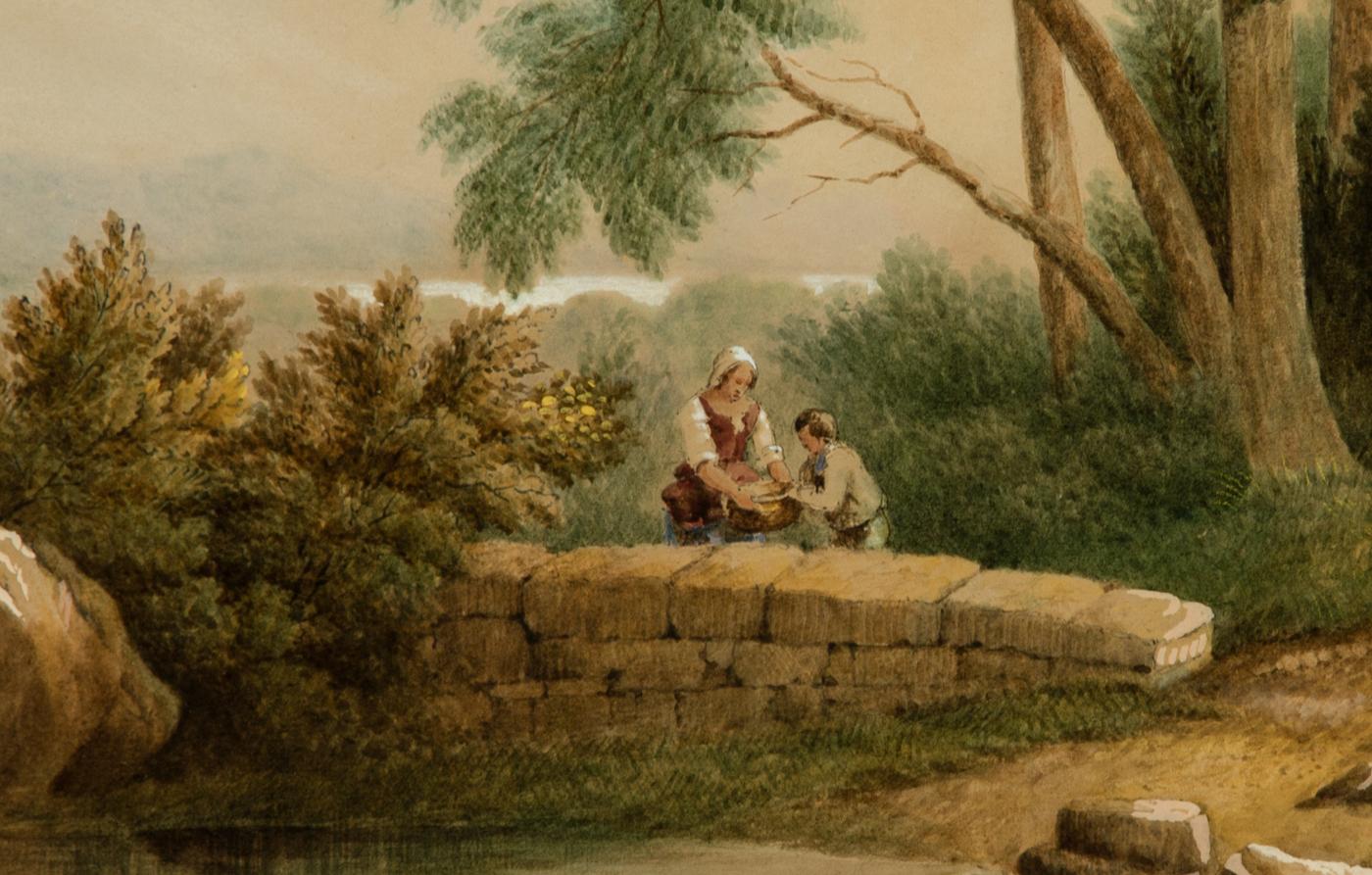 J.W. Tuton - Framed 1856 Watercolour, Landscape with Figures Beside a Pond 3