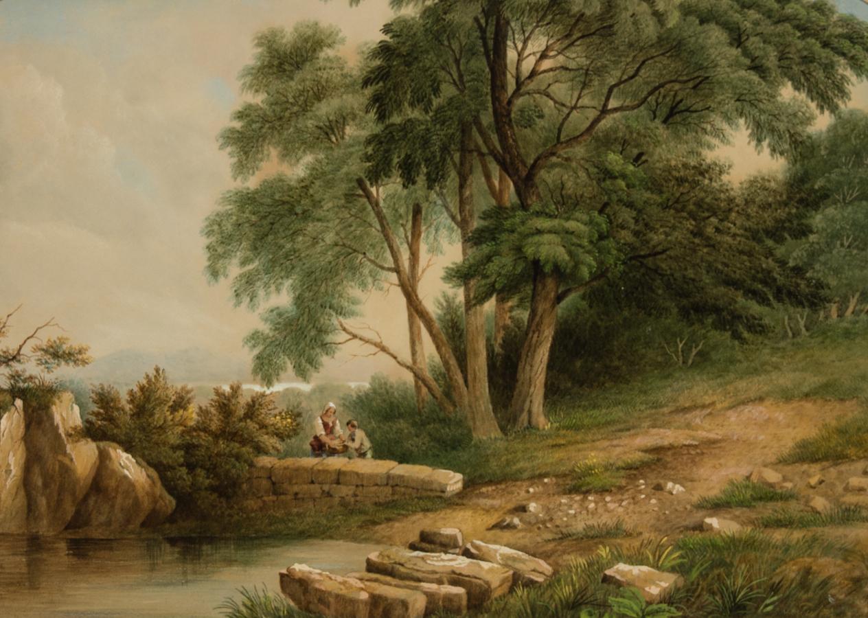 J.W. Tuton - Framed 1856 Watercolour, Landscape with Figures Beside a Pond 1