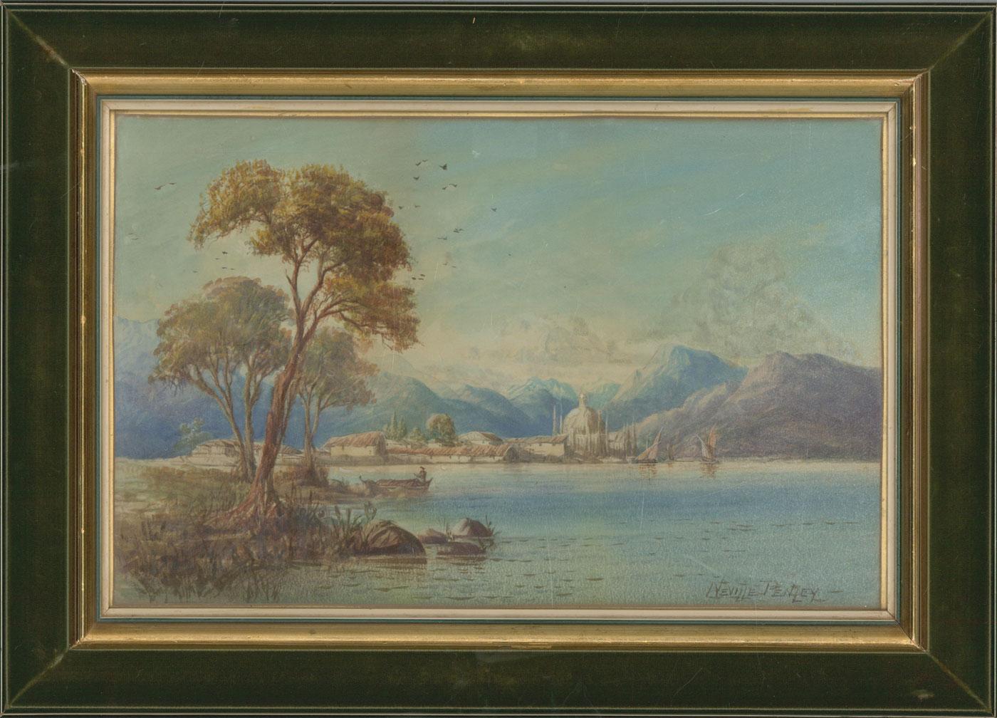 Unknown Landscape Art - Neville Penley - 19th Century Watercolour, Lake Scene with Figures and Town