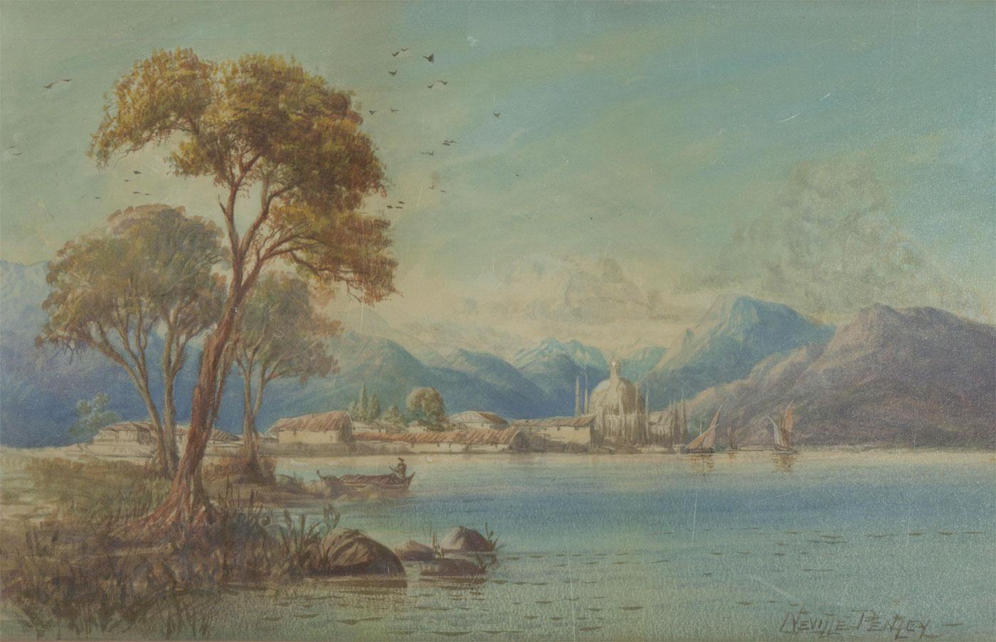 Neville Penley - 19th Century Watercolour, Lake Scene with Figures and Town - Art by Unknown