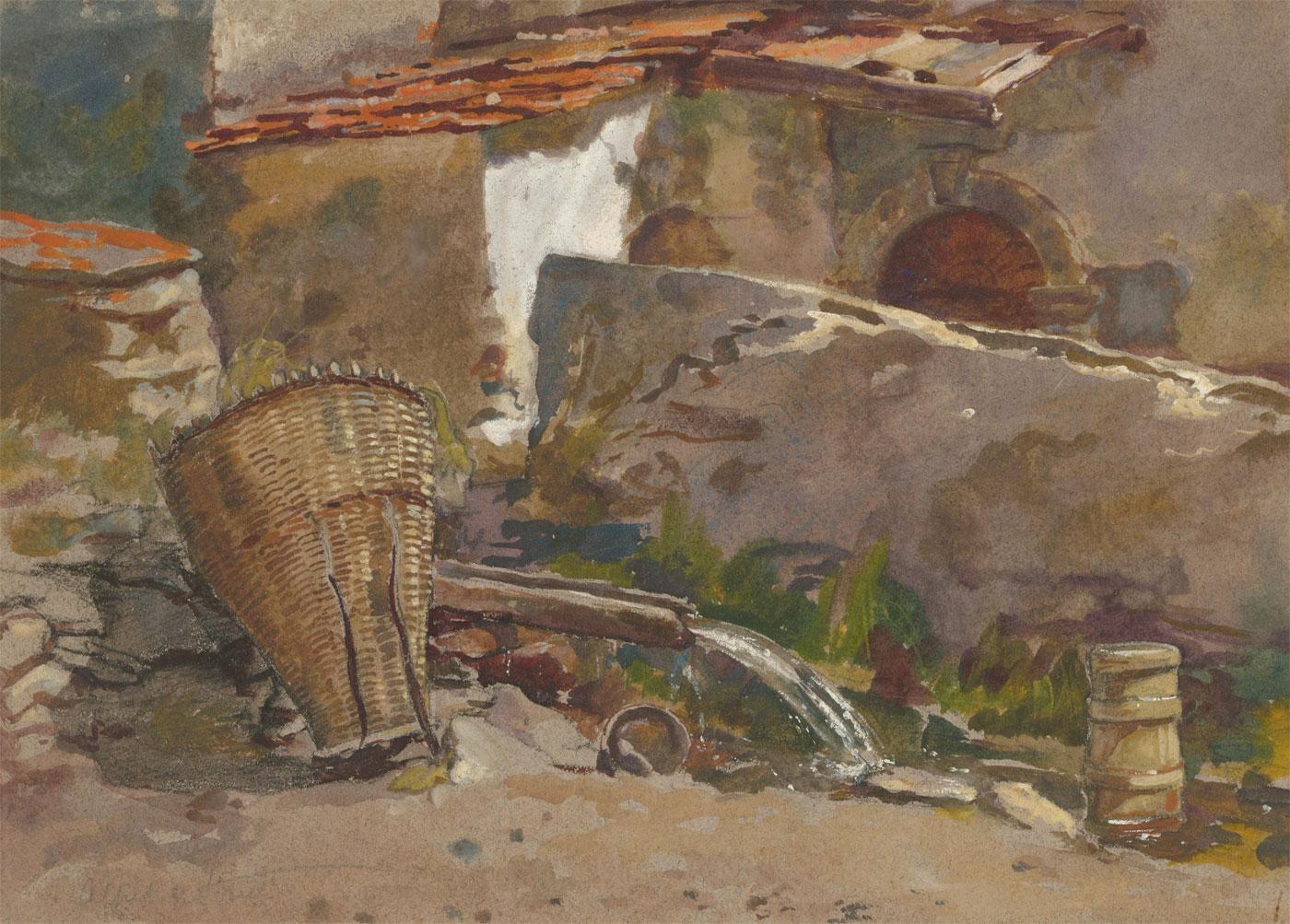 A finely detailed watercolour with charcoal outline showing a section from the street outside a church in Ronda, Spain. The location has been detailed in a separate inscription. Strutt has captured the detail of the woven basket and flowing water