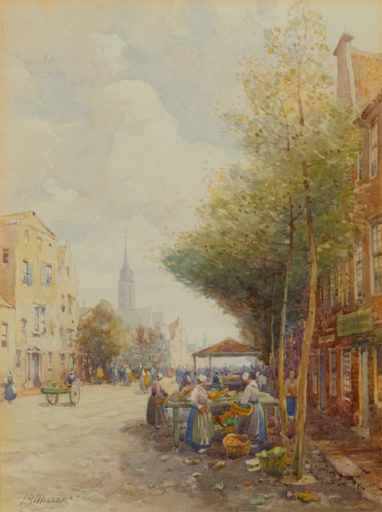 J.R. Miller (1880-1912) - Fine Signed and Framed Watercolour, Market Scene - Art by Unknown