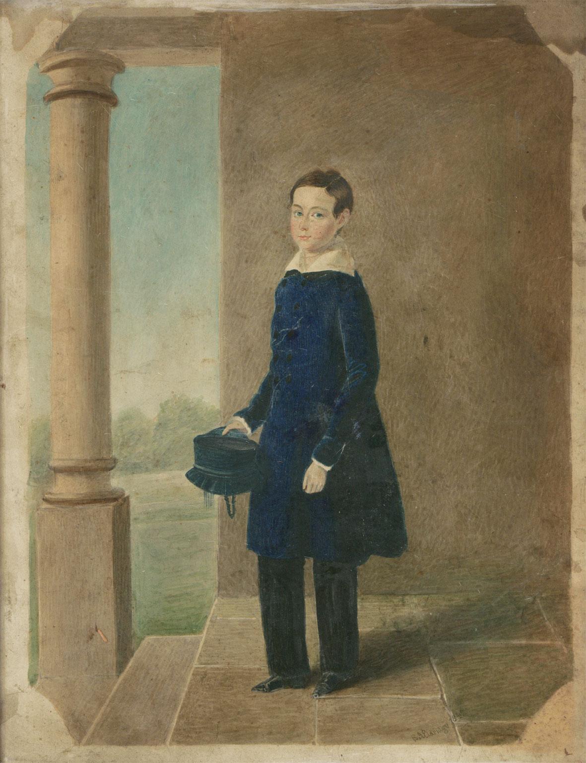 A very fine pair of early 19th Century watercolour portraits by the artist E.J. Eldridge, depicting both a portrait of a lady in a black dress with white lace accoutrements in an interior, and a young boy in his school uniform, depicted in a