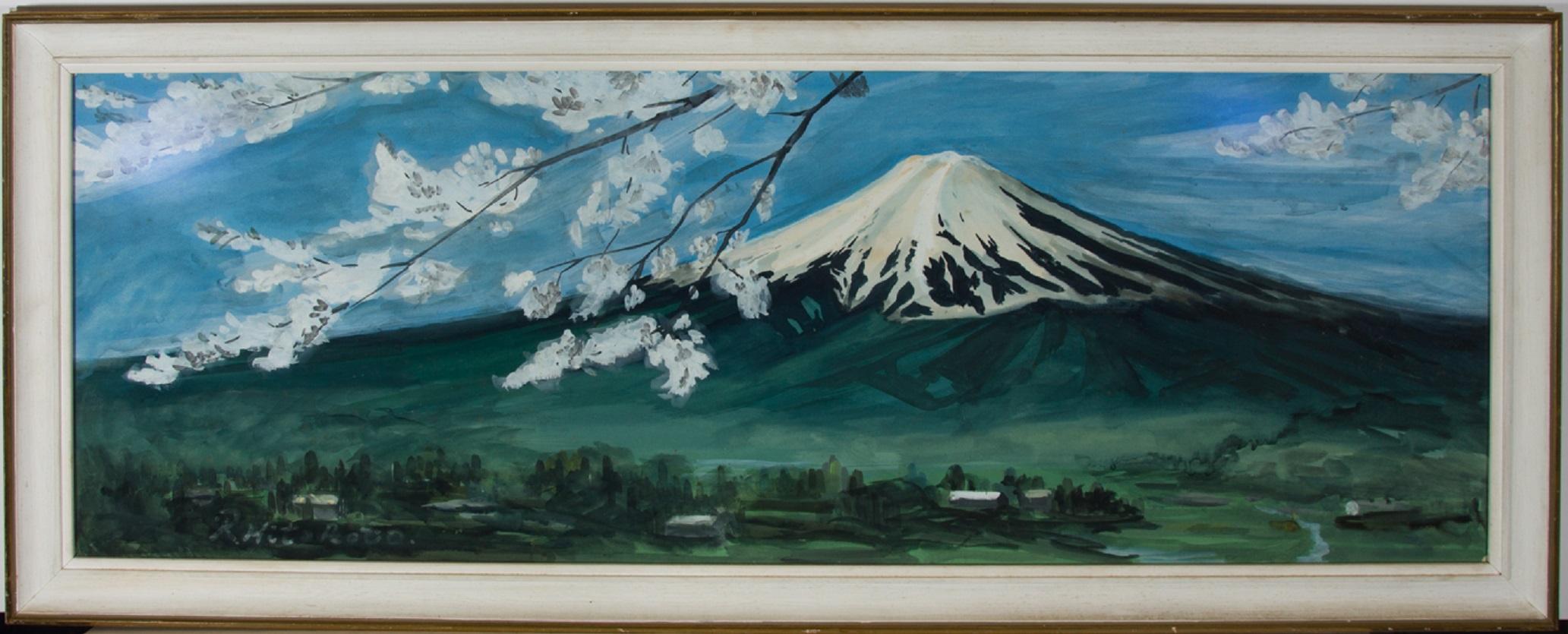 Unknown Landscape Art - R. Hitoroto  - Signed & Framed 20th Century Gouache, Mount Fuji With Blossom