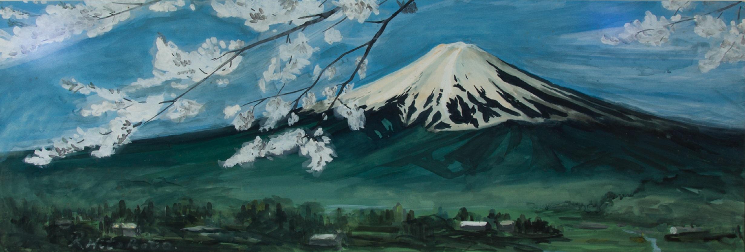 R. Hitoroto  - Signed & Framed 20th Century Gouache, Mount Fuji With Blossom - Art by Unknown