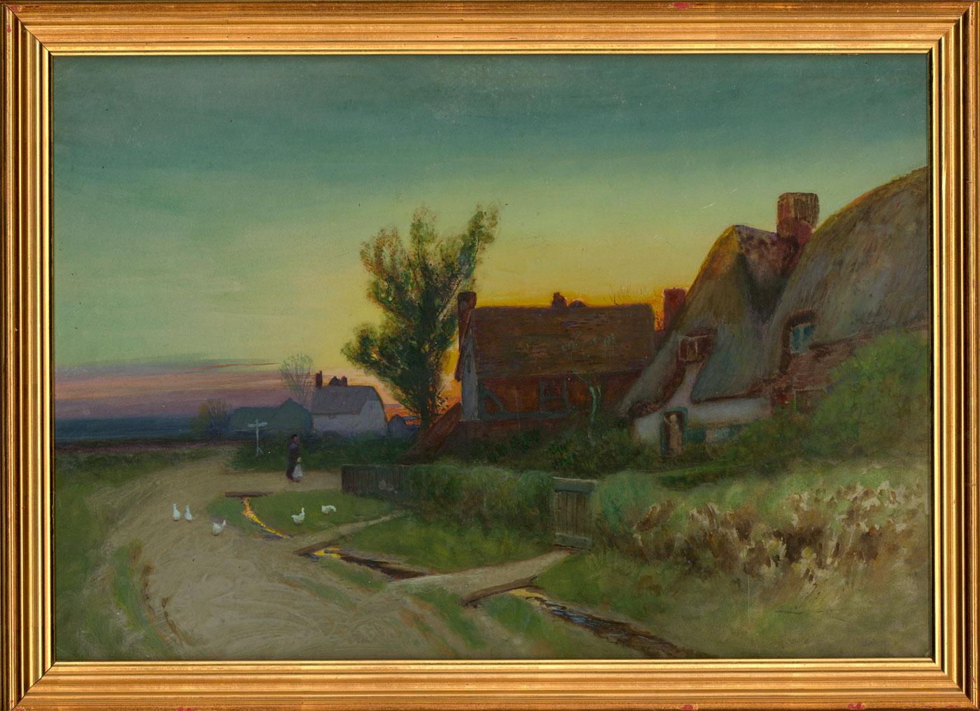 Unknown Landscape Art - Attributed to Leopold Rivers (1852-1905) - Gouache, Cottage in Sunset Landscape