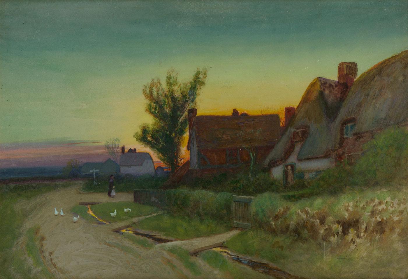 Attributed to Leopold Rivers (1852-1905) - Gouache, Cottage in Sunset Landscape - Art by Unknown